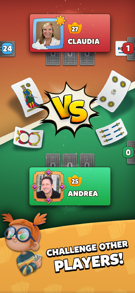 Scopa Dal Negro - Schermata di sfida multiplayer nell'app di gioco di carte Scopa Dal Negro che mostra due giocatori che si sfidano con carte italiane tradizionali