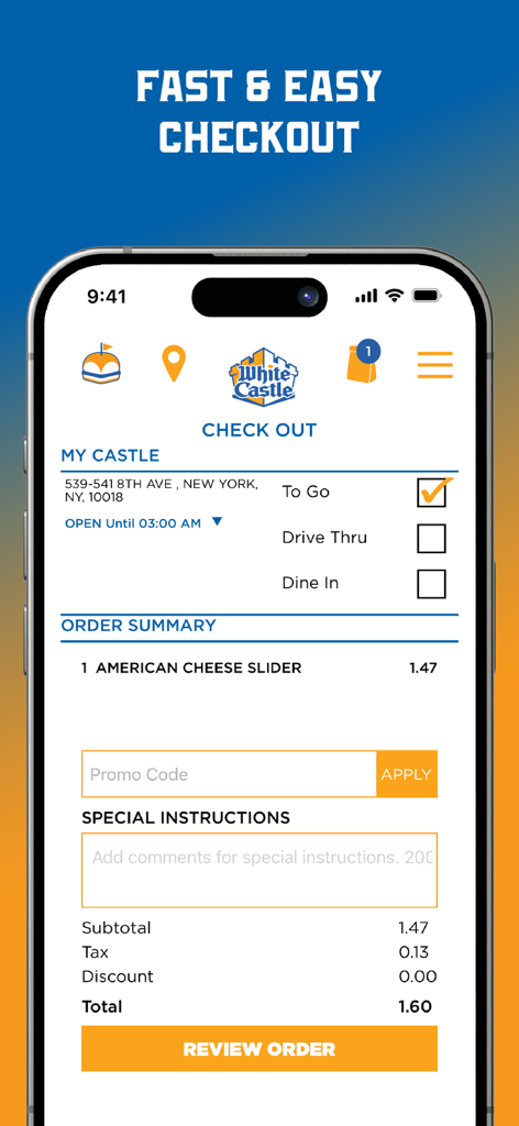 Kassenbildschirm der White Castle Mobile App mit einer Bestellübersicht für einen American Cheese Slider