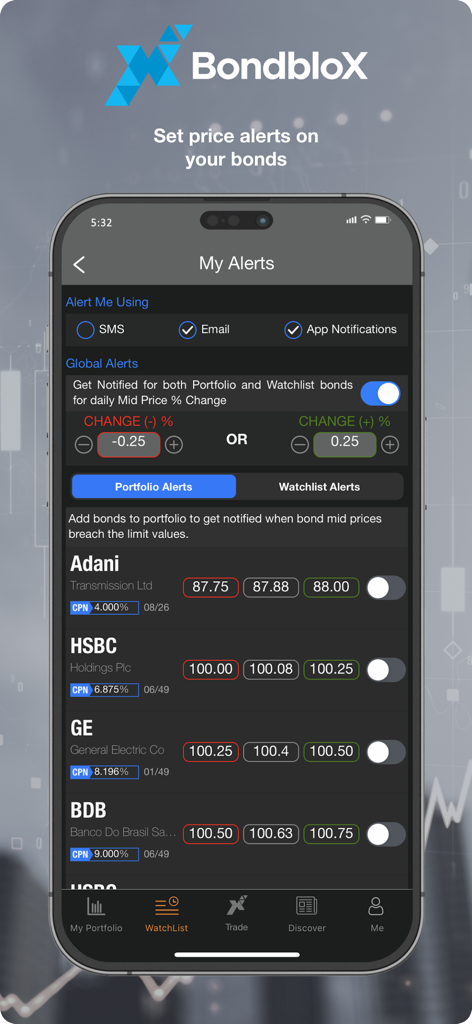 BondbloX mobile app interface for setting bond price alerts and managing global notification settings