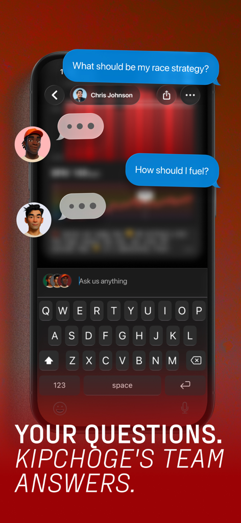 Kotcha app chat interface where users ask Eliud Kipchoge team about race strategy and nutrition