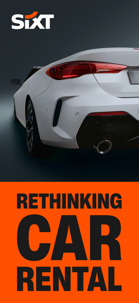 프리미엄 흰색 스포츠카와 'Rethinking Car Rental' 텍스트가 포함된 SIXT 렌터카 앱 마케팅 배너