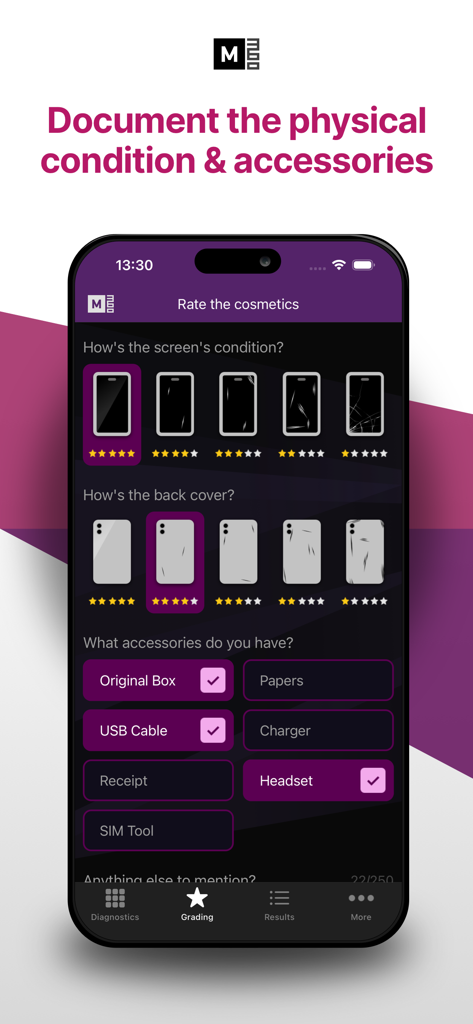 Écran de l'application mobile pour documenter l'état physique et les accessoires du téléphone.