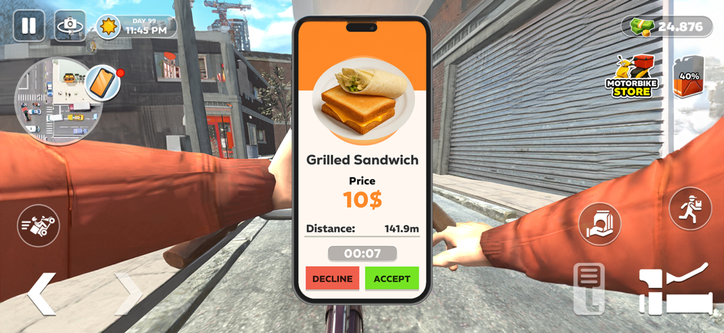 Deliver Till Dawn - Jugabilidad en primera persona de aceptar un pedido de entrega de comida en Deliver Till Dawn