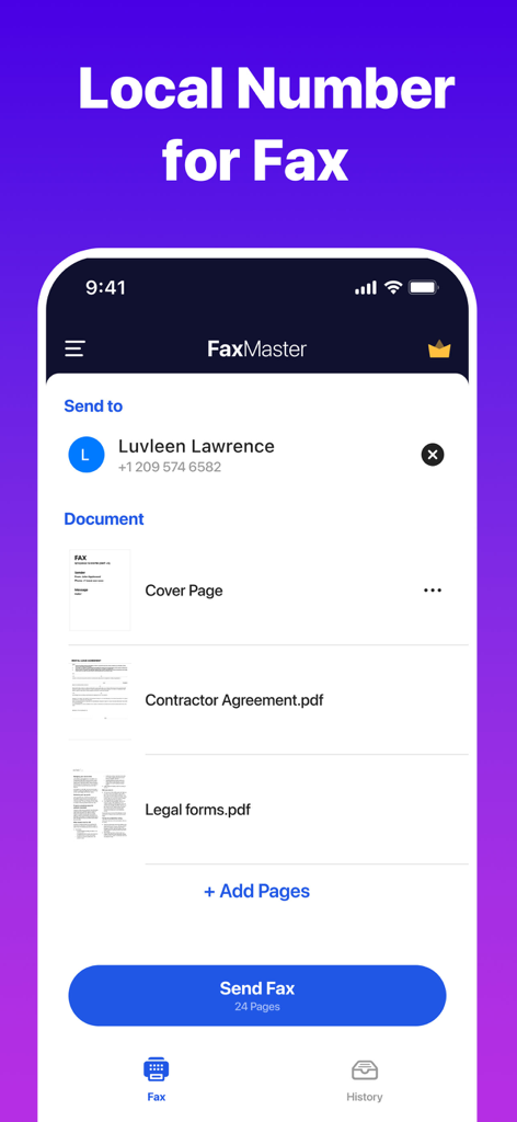 Captura de pantalla de la aplicación Text Go que muestra la interfaz para enviar un fax con documentos como un acuerdo de contratista y formularios legales.