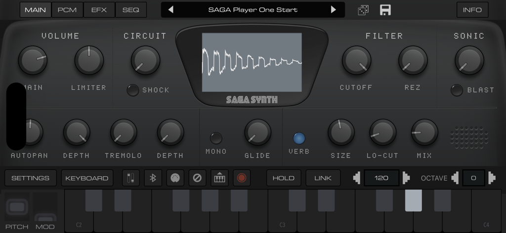 SAGA Synth | 16-Bit Sonic Fun! - Interfaz de la aplicación SAGA Synth con controles de estilo retro de videojuegos de 16 bits y un teclado de piano