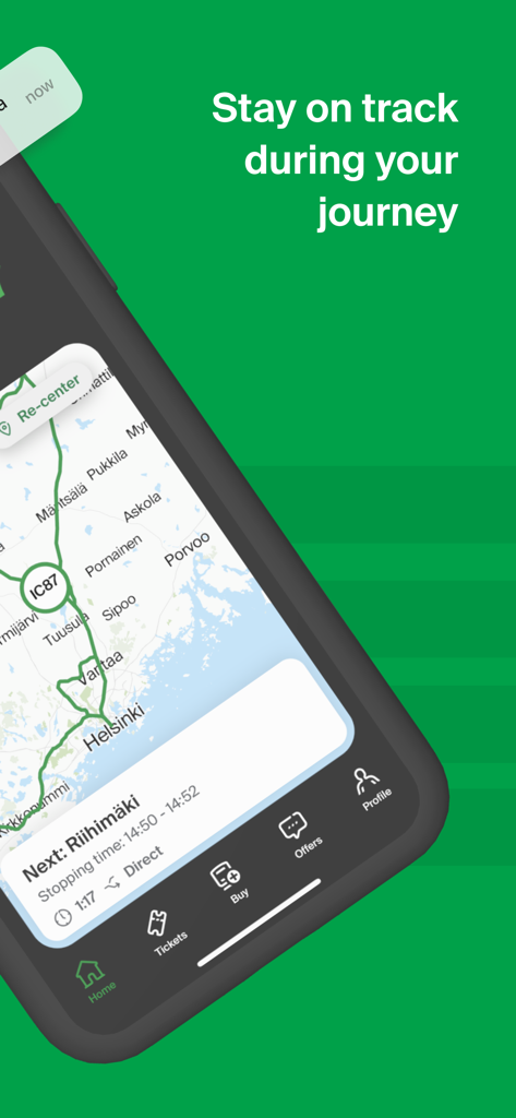 Smartphone-Bildschirm, der die Echtzeit-Zugverfolgungsfunktion der VR Matkalla App auf einer Karte von Finnland anzeigt