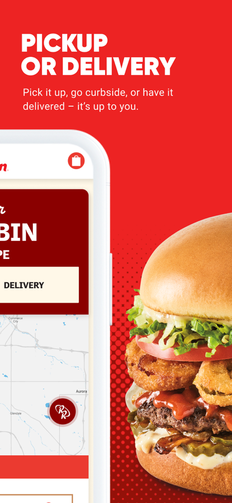 Red Robin Ordering - Red Robin app screen showing pickup and delivery options with a gourmet burger