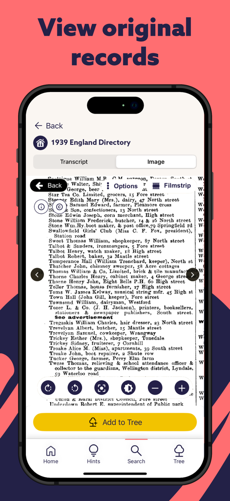 Findmypast - A mobile screen showing an original scanned document from the 1939 England Directory on the Findmypast app