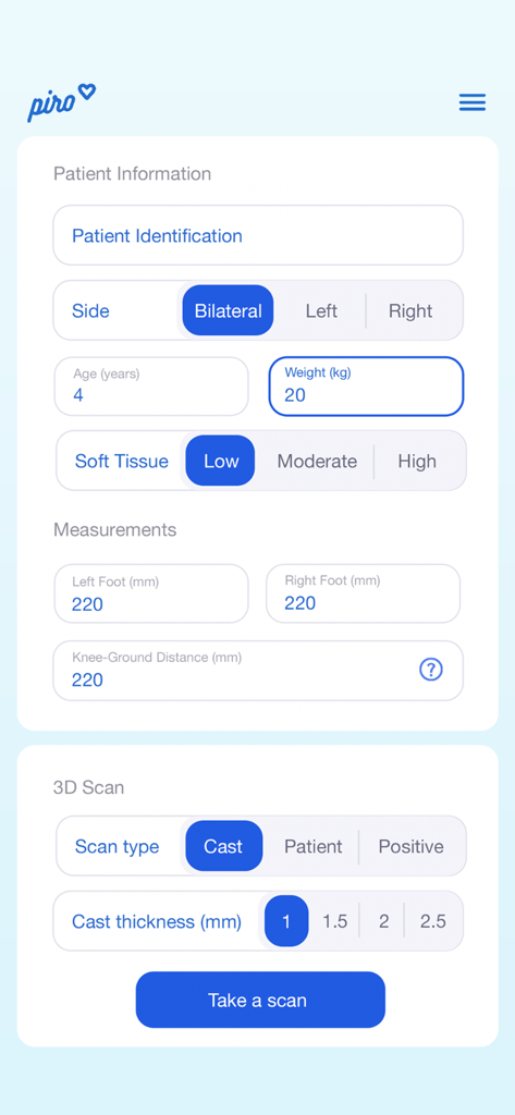 Patient information and 3D scan configuration screen in the Piro AFO app