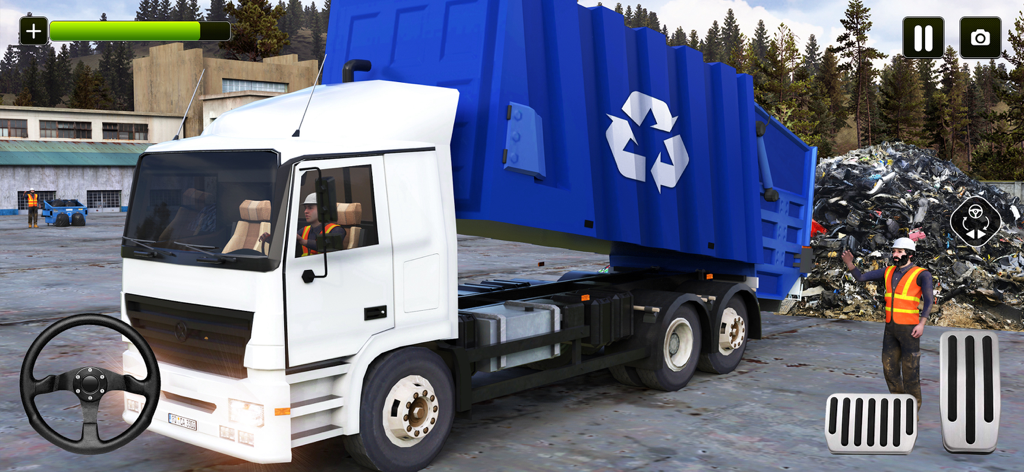 A white and blue recycling truck at a dump yard in a garbage truck simulator game