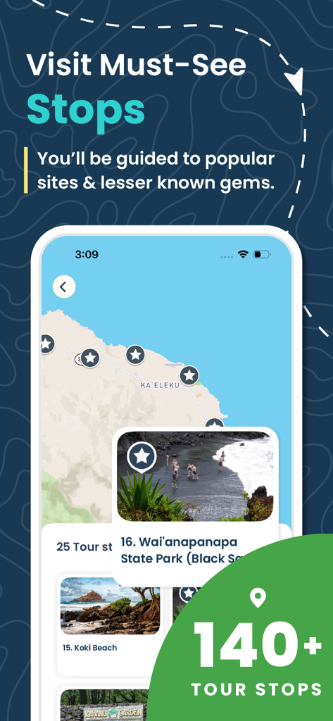 Shaka Maui Audio Tour Guide - Mobile app interface showing a map of Maui with markers for popular tour stops and hidden gems