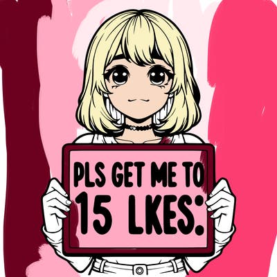 realistic girl holding up a sign that says “pls get me to 15 likes!”