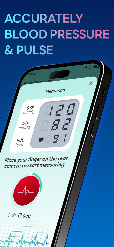 BP Mate app interface showing blood pressure and pulse measurement via smartphone camera