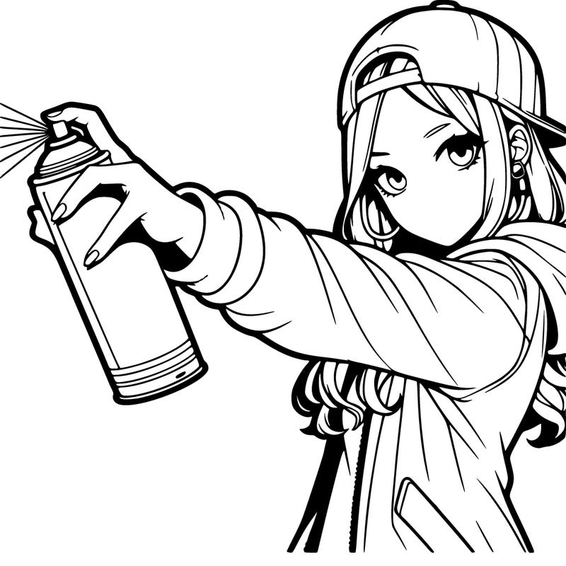 realistic girl holding a spray paint can that’s pointing towards her