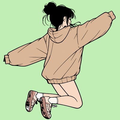 realistic girl jumping with a bun and oversized sweatshirt