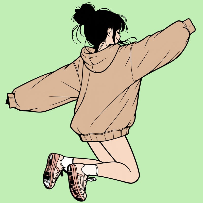 realistic girl jumping with a bun and oversized sweatshirt