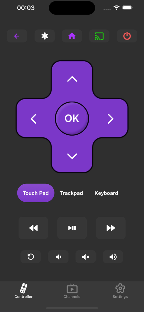 Remote Controller for TV - Smartphone app interface showing a virtual TV remote with a directional pad and media playback controls.