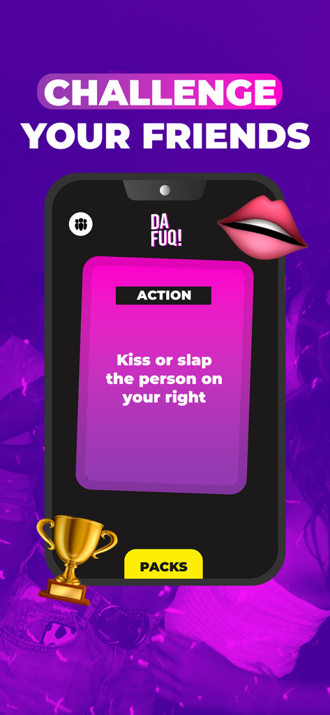 DAFUQ - Party Game - DAFUQ party game interface showing an action card challenge for friends