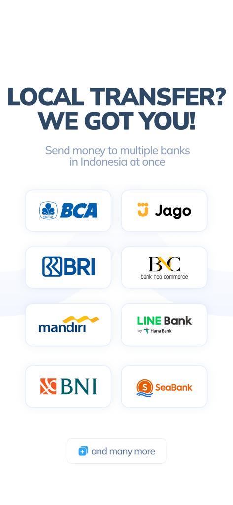 Topremit: Money Transfer - Topremit app showing supported Indonesian banks for local money transfers including BCA and BRI