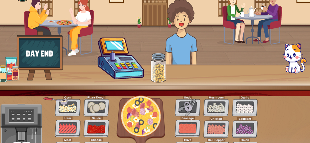 背景にお客さんがいるカウンターに用意されたピザとトッピングが表示されたピザ調理ゲームのインターフェース