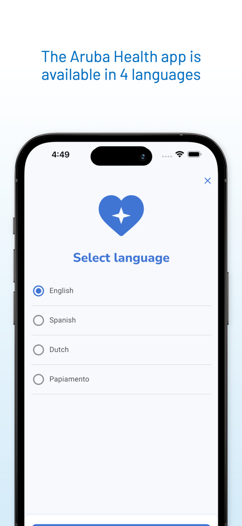 Aruba Health App - The Aruba Health App language selection screen showing English Spanish Dutch and Papiamento options
