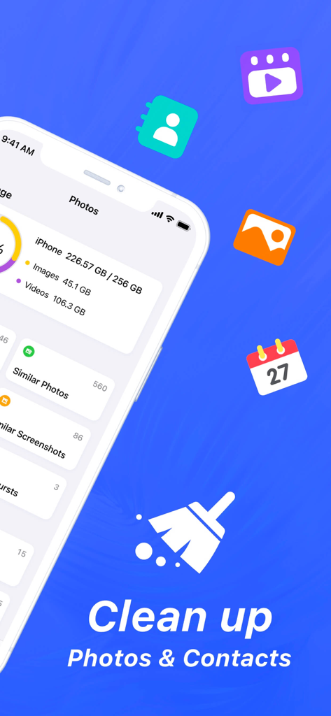 Easy Cleaner 모바일 앱 인터페이스, 사진 및 연락처 정리용
