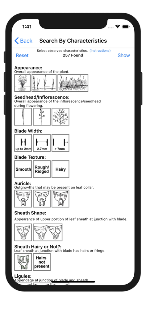 Montana Grasses - Montana Grasses app search by botanical characteristics screen showing visual identification categories like seedhead and blade width