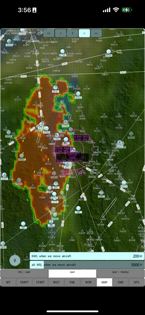 Aviation navigation map showing storm patterns and flight control settings