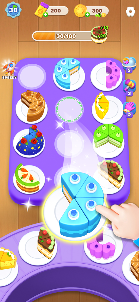 Cake Sort Master-Color Puzzle - Una mano clasificando coloridas rebanadas de pastel en 3D en platos en un juego de rompecabezas de panadería.