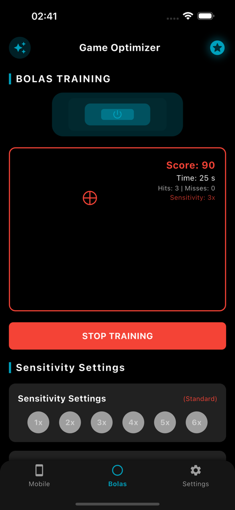 Pantalla de entrenamiento de puntería con mira y configuración de sensibilidad en la aplicación Bola boton Trick