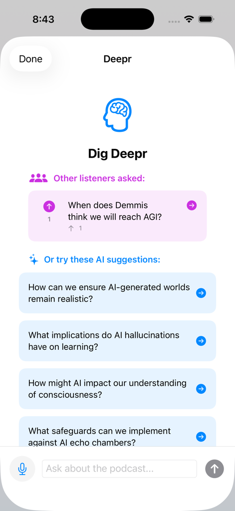 Deepr: Voice Podcasts - Deepr app interface showing AI-generated podcast questions and community wisdom.
