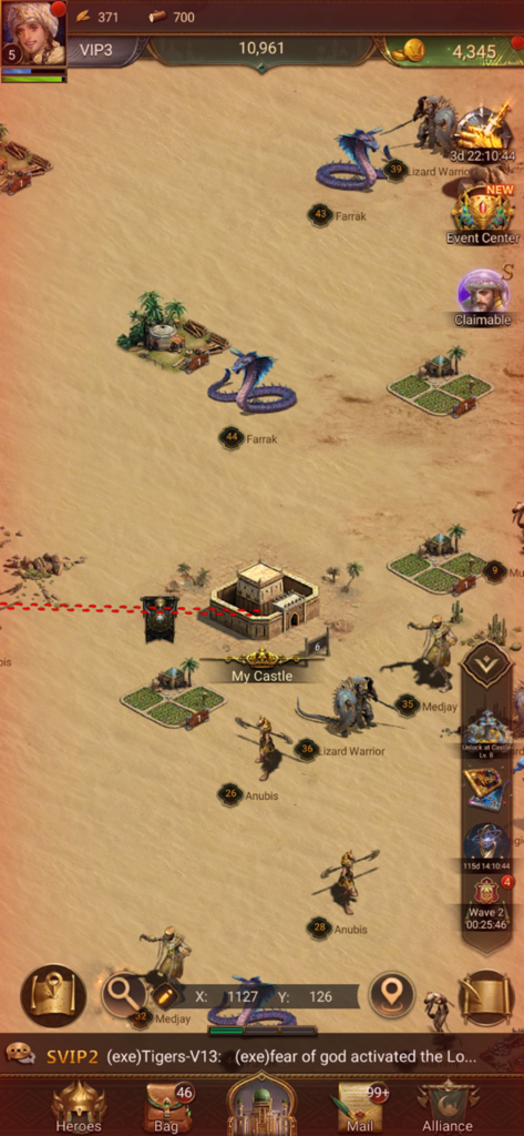 Revenge of Sultans - A top-down view of the desert world map in Revenge of Sultans showing a castle, farms, and monsters.