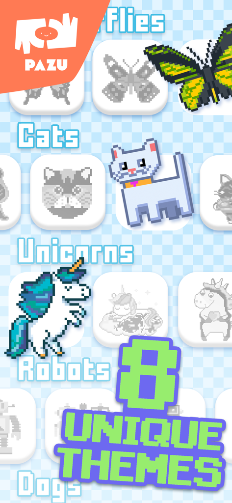 Captura de pantalla de Juegos de colorear pixel para niños que muestra 8 temas únicos que incluyen gatos, unicornios y robots