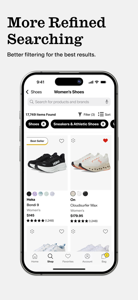 Zappos: Shop shoes & clothes - Zappos app interface displaying filtered search results for women's sneakers from brands like Hoka and On.