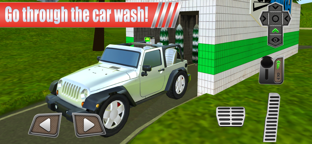 Gas Station: Car Parking Sim - ドライビングシミュレーターゲームで洗車機に入る白い4x4車両。