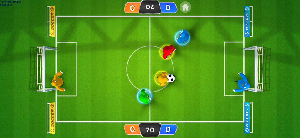 Party Friends Fun Mini Games - Visão de cima para baixo de um minijogo de futebol para quatro jogadores com personagens coloridos