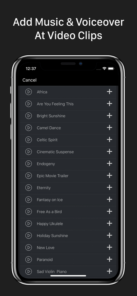 Slow Motion Video Fx Editor - Music selection screen in Slow Motion Video Fx Editor for adding soundtracks and voiceovers to video clips.