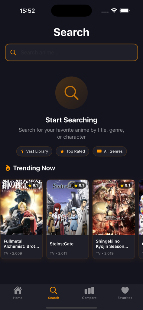Search screen of the AnimeKai app showing trending anime titles and a search bar in dark mode