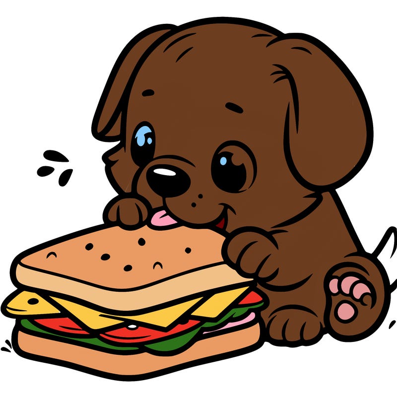 puppy trying to eat a large sandwich