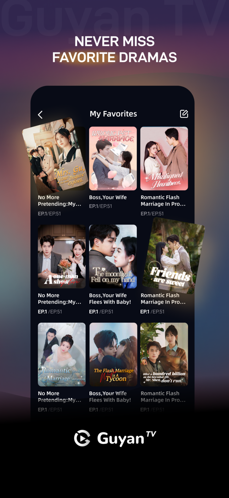 GuyanTV - Movies & Dramas - GuyanTV app interface displaying a curated list of popular romantic short dramas and movies.