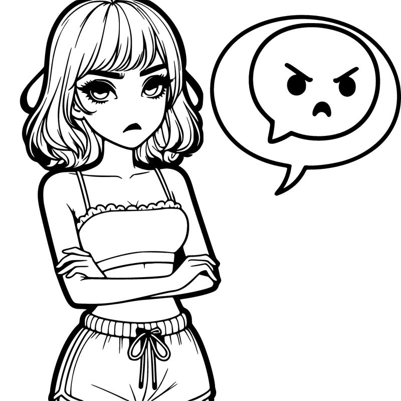 realistic girl looks angry wearing a short cute crop top and shorts with a speech bubble next to her face