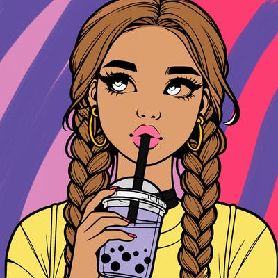realistic girl with braided hair drinking boba