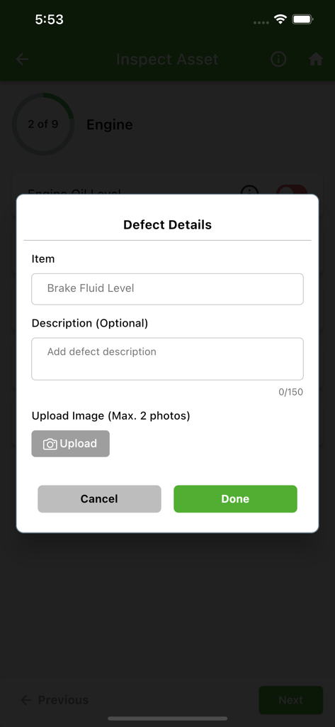 Freestyle II - Ein mobiler Bildschirm, der das Formular für Schadensdetails für die Fahrzeuginspektion in der Freestyle II-App anzeigt, einschließlich Feldern für den Artikelnamen und den Foto-Upload
