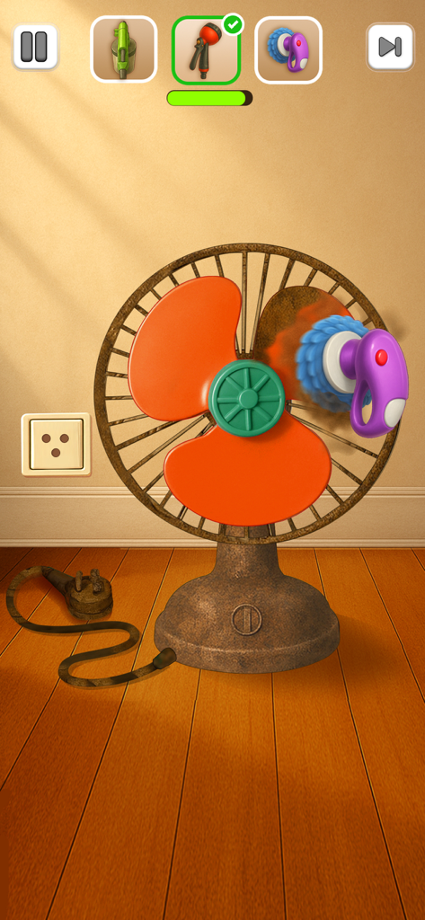 A screenshot showing the cleaning of a rusty vintage fan with a purple electric brush in the Perfect Makeover Cleaning ASMR app.