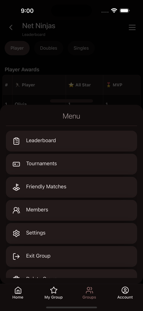 Navigation menu in the Badminton Score app showing leaderboard, tournaments, and group settings.