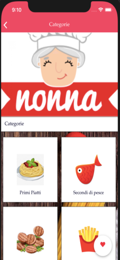 ナポリ料理レシピアプリのカテゴリ画面。カートゥーンのノンナのイラストと食品アイコンが表示されています