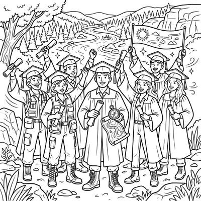 Join a jubilant group of river explorers as they celebrate their graduation day amidst a stunning natural landscape. This unique coloring page blends academic success with the spirit of adventure, perfect for all ages.