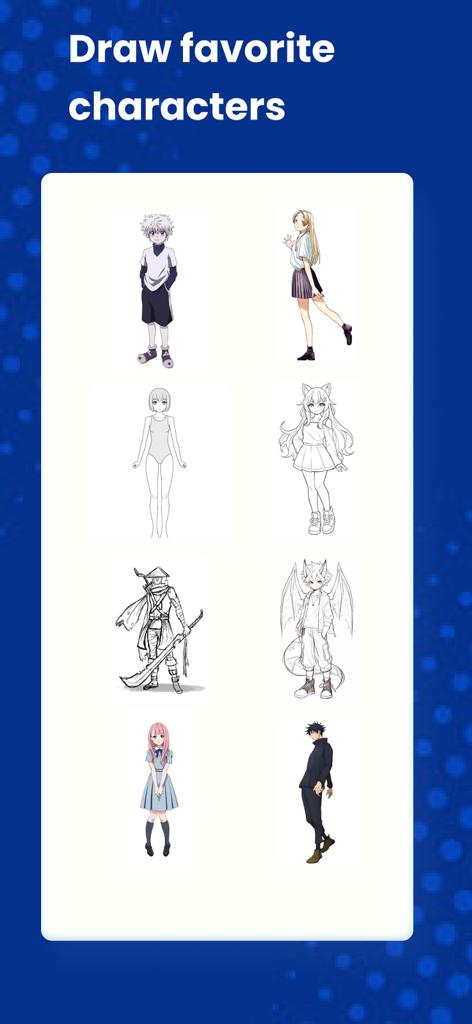 How to Draw Anime by Steps - Cuadrícula de diversos personajes de anime y manga disponibles para dibujo paso a paso.