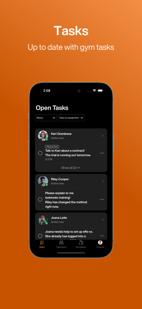 Smartphone screen of EGYM Trainer app displaying a list of member management tasks