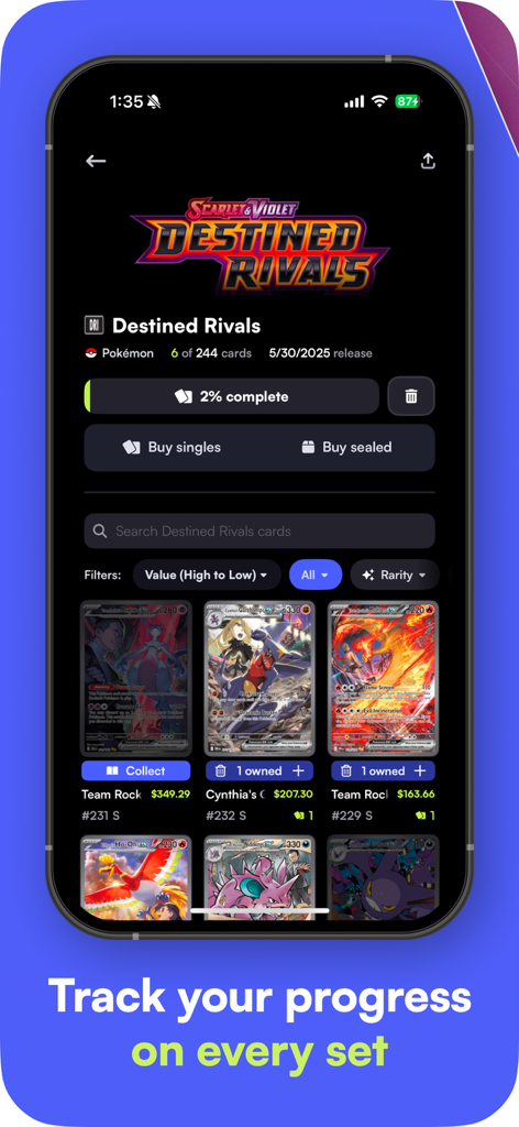 Rare Candy: Scan Pokémon Cards - Rare Candy app interface showing the completion progress and market value of cards within the Pokémon Destined Rivals set.